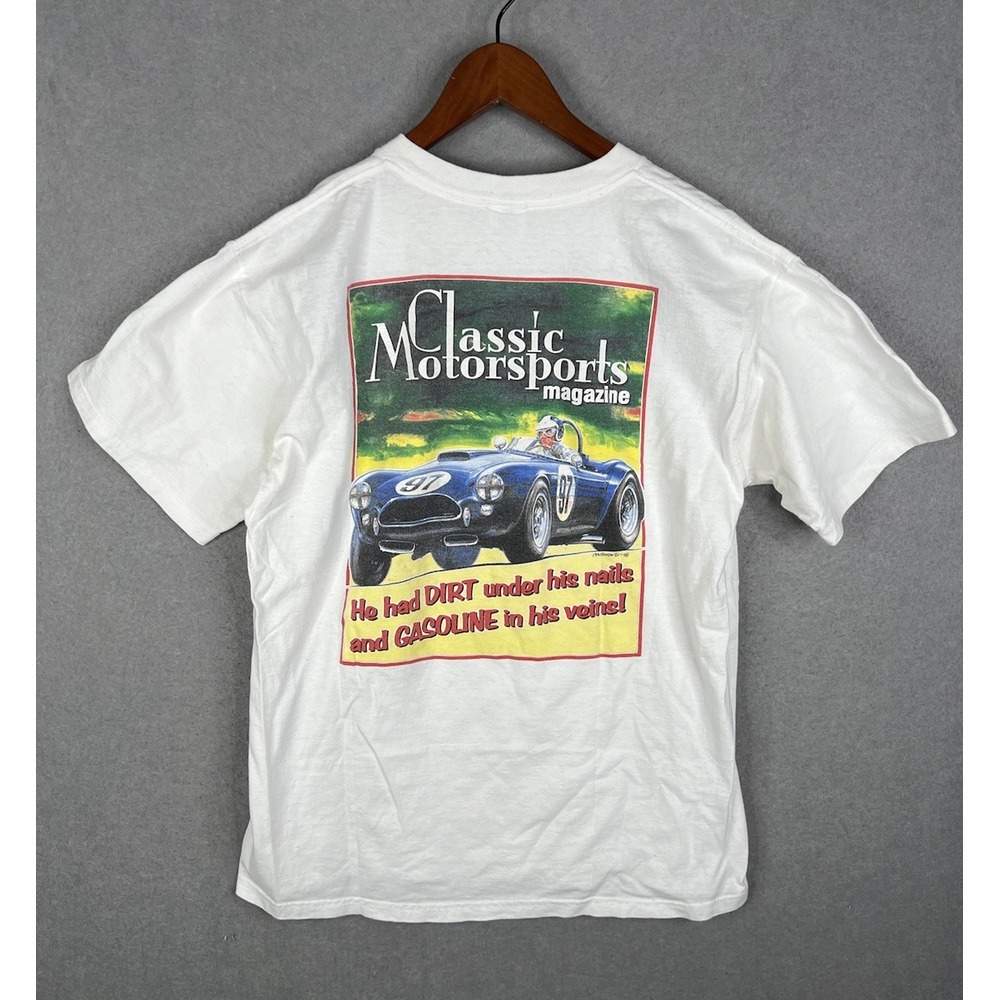 Vintage Men's L White‎ Classic Motorsports Magazine Dual Sided Graphic T Shirt